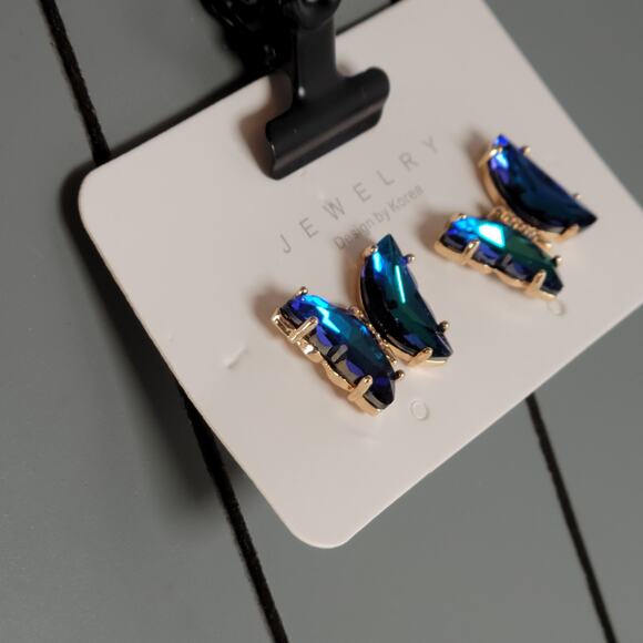 Blue Green Crystal Butterfly Stud Earrings Set of Korea Design, Gift Bag - Picture 5 of 14